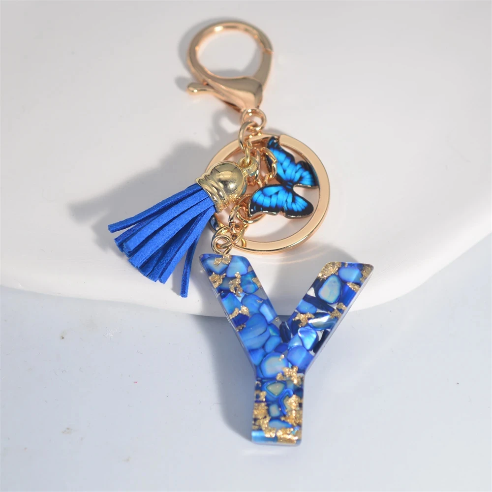 Blue Glazed Stone Letter Keychain