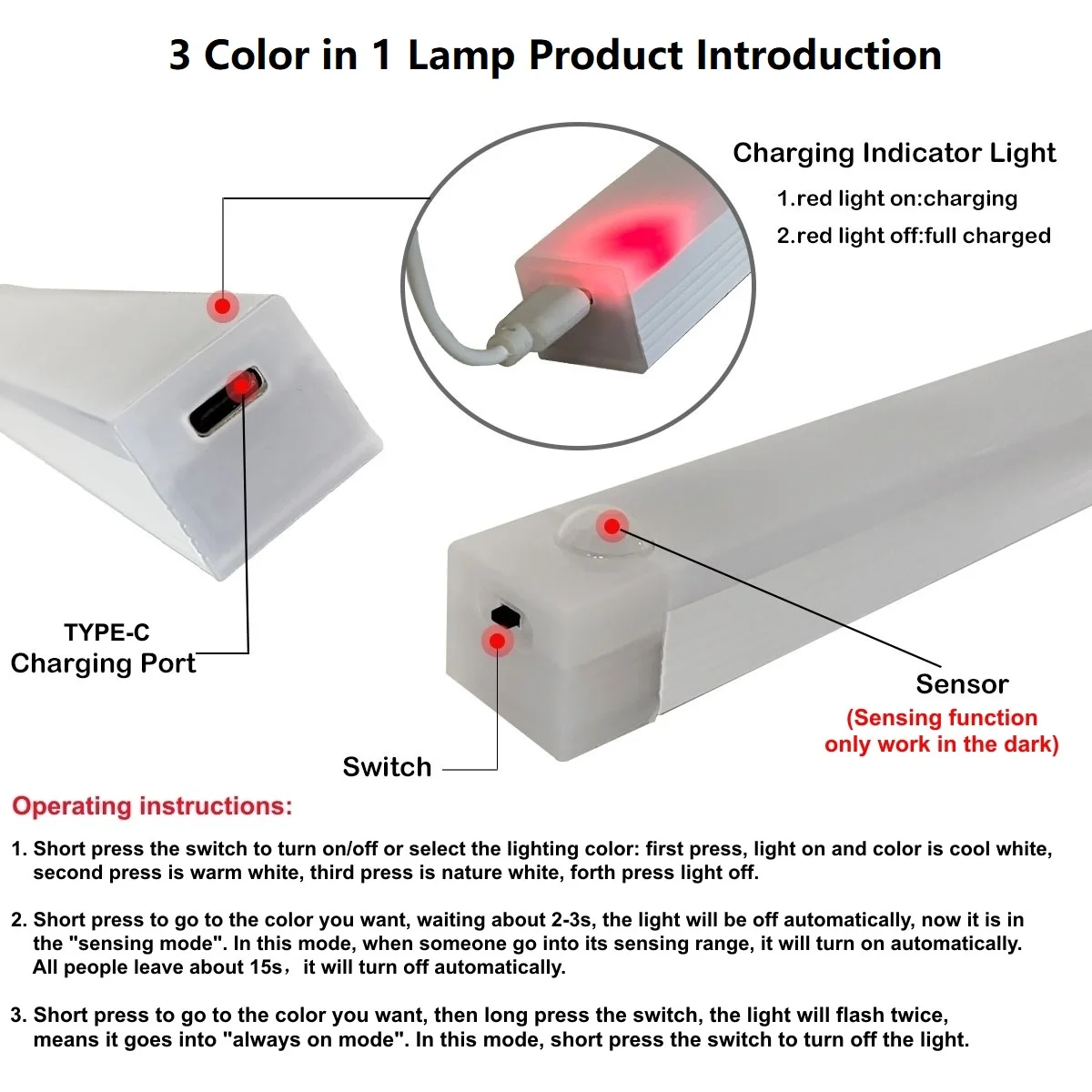 Motion Sensor LED Bar Light - 3 Colors in 1 Lamp