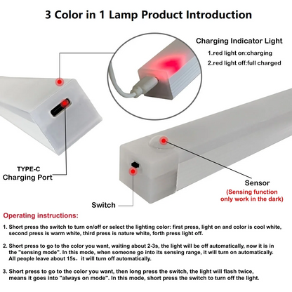 Motion Sensor LED Bar Light - 3 Colors in 1 Lamp